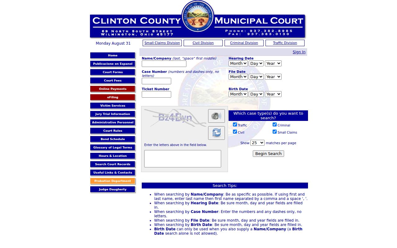 Clinton County case lookup Municipal Court Record Search interface