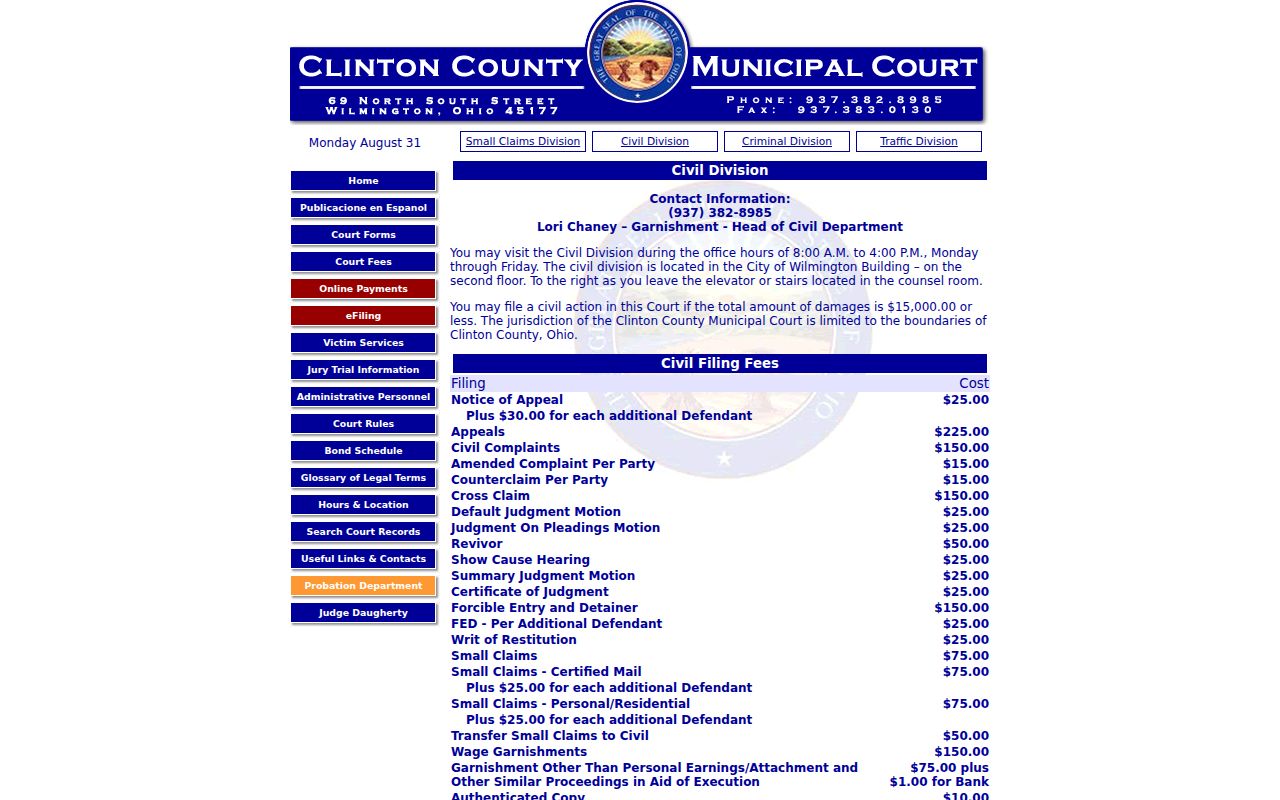 Clinton County civil docket Municipal Court Civil Division jurisdiction information