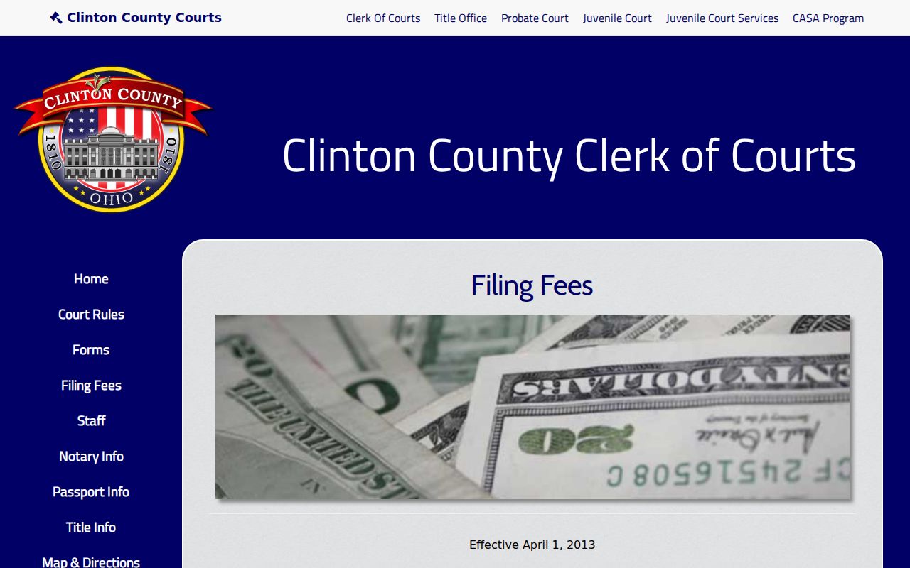 Clinton County civil docket Clerk of Courts copy and certification fee schedule