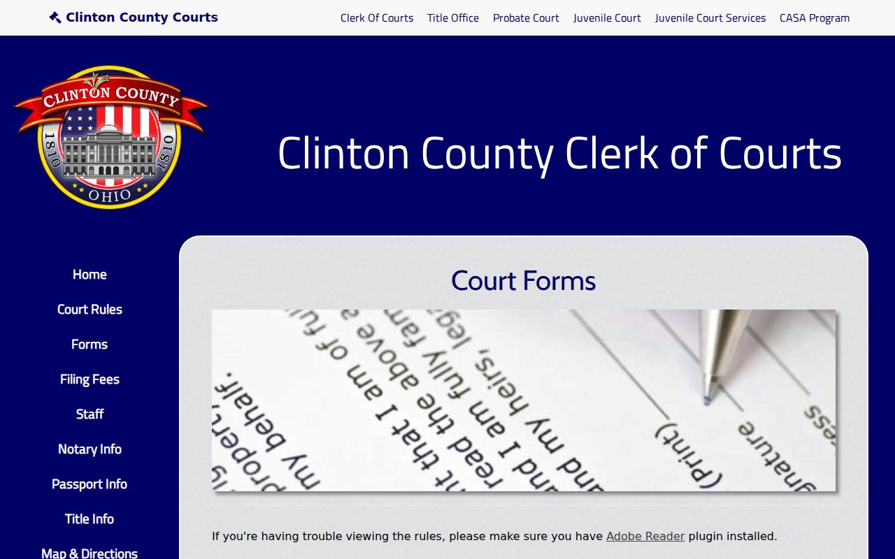 Clinton County civil docket Clerk of Courts form index