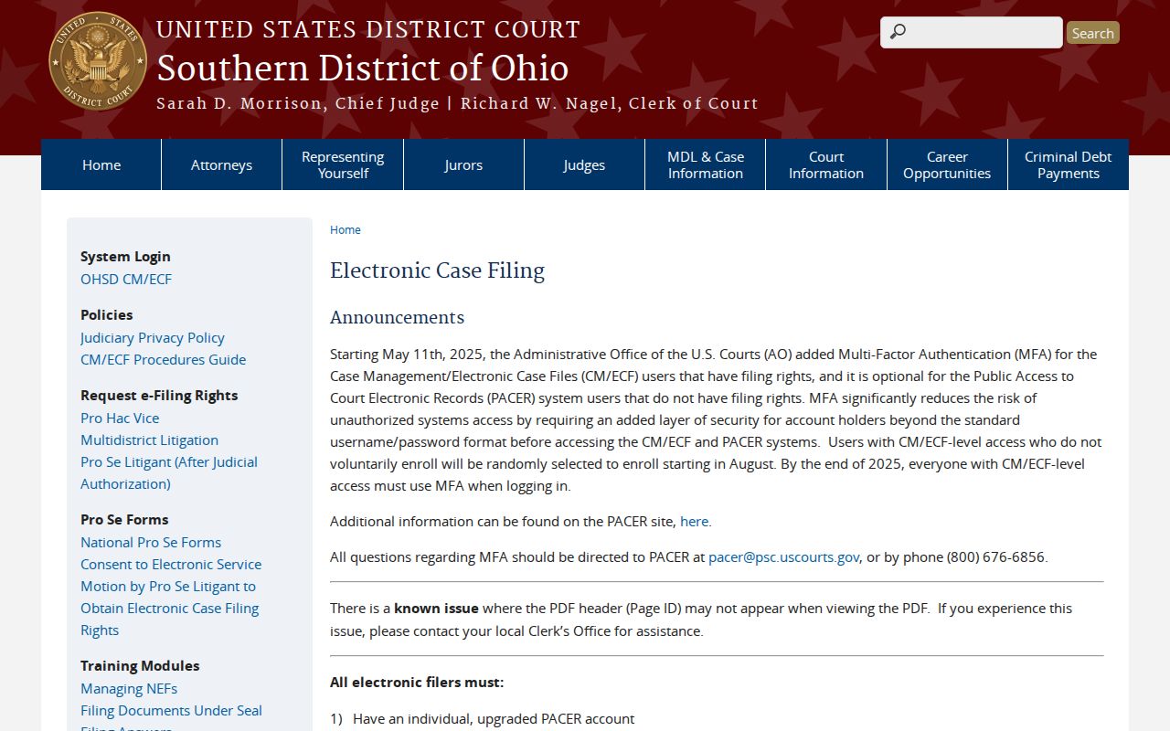 Clarksville court docket Southern District of Ohio electronic filing information