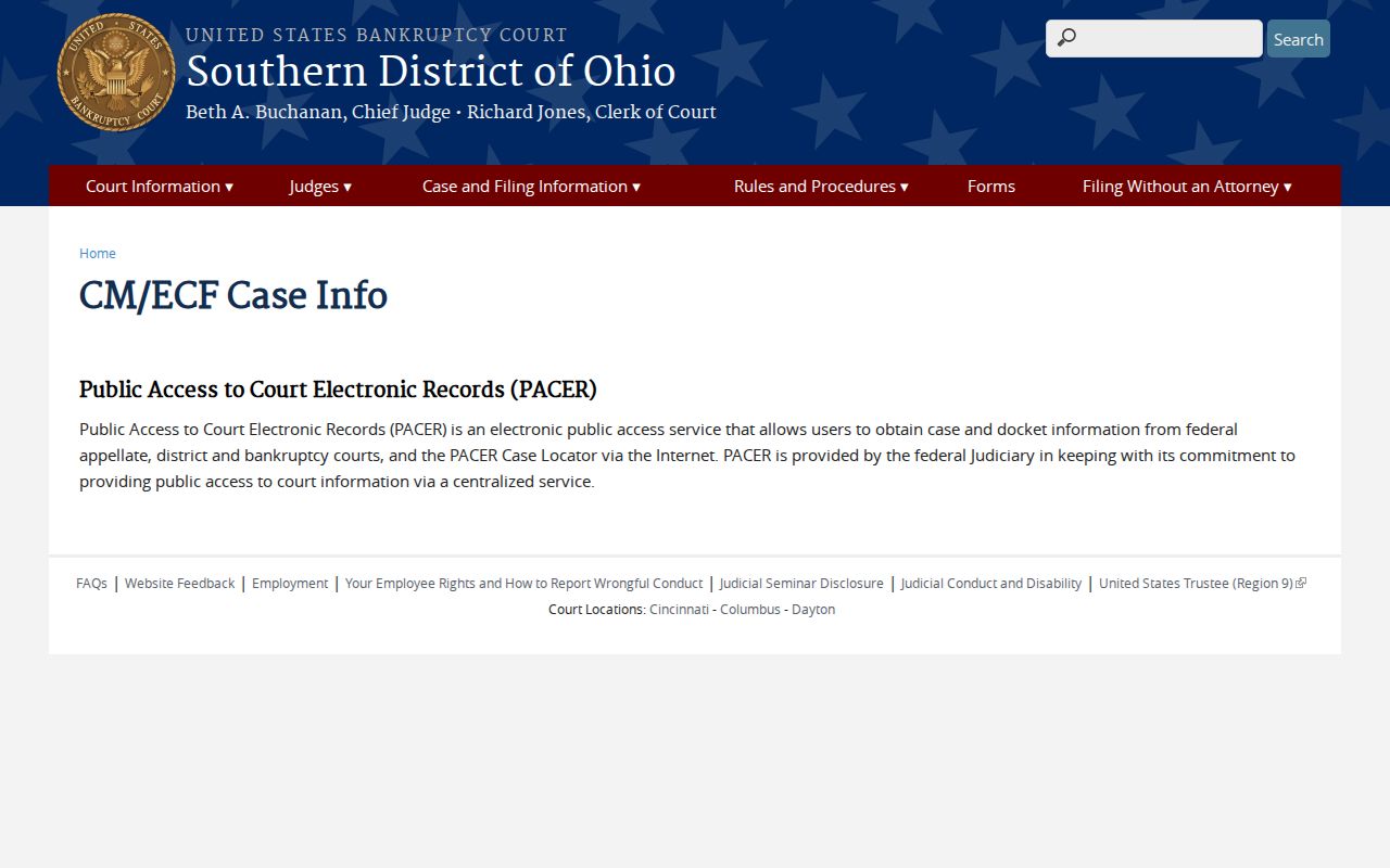 Clarksville court docket Southern District of Ohio bankruptcy electronic case information