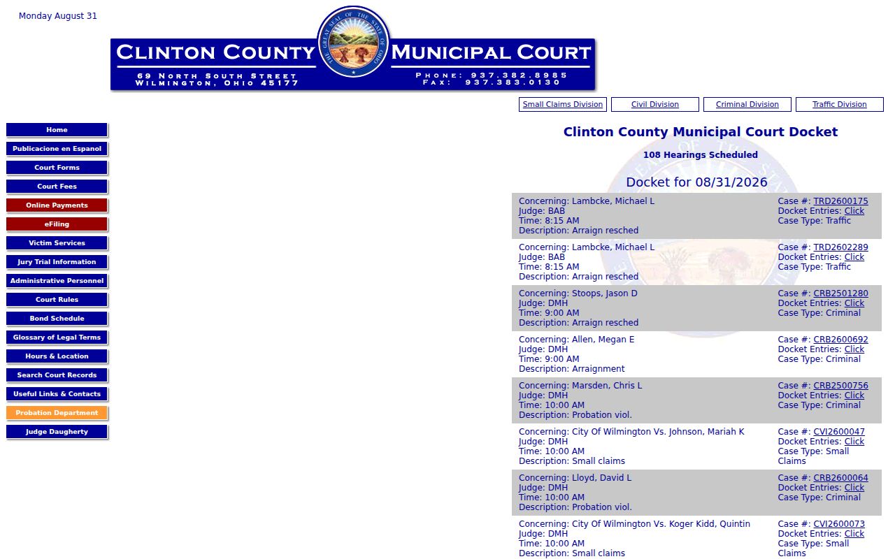 Clinton County court date Daily Docket interface
