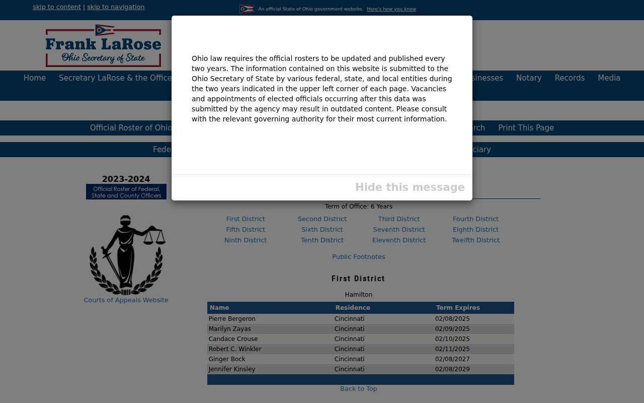 Clinton County court record search source showing the Ohio Twelfth District jurisdiction roster