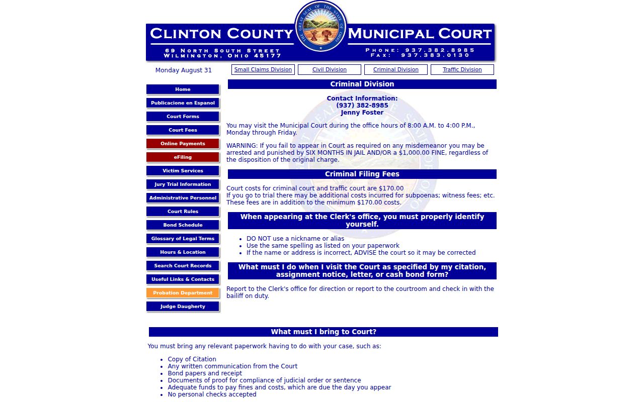 Clinton County criminal docket Municipal Criminal Division hearing information
