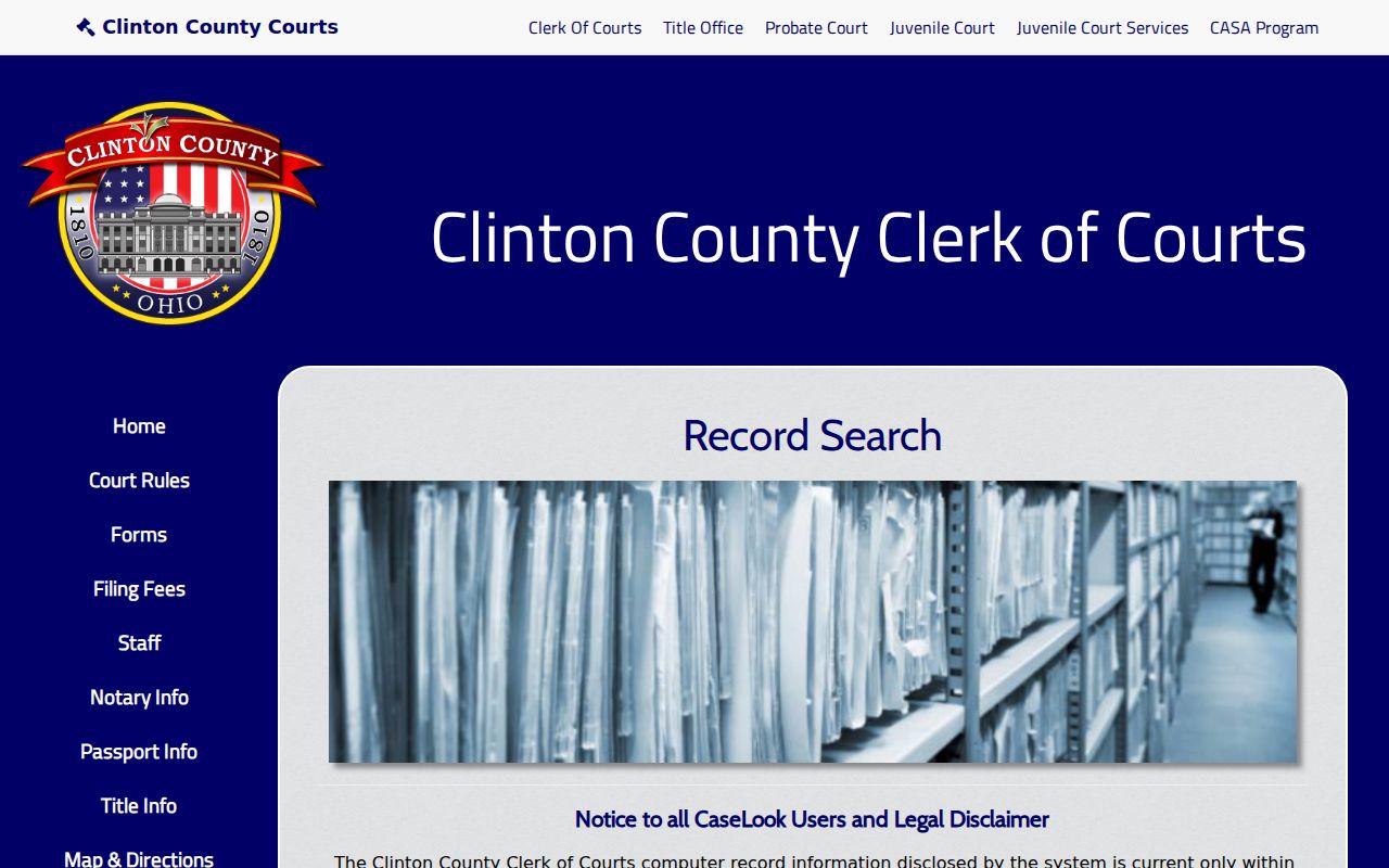 Clinton County court docket CaseLook fields and case type filters