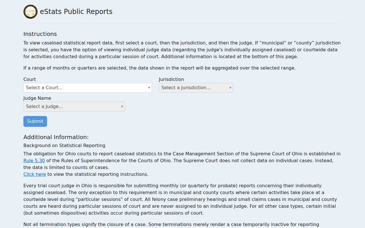 New Vienna court docket Ohio public court statistics interface