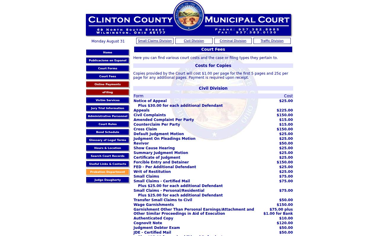 Clinton County traffic ticket Municipal Court copy fee schedule