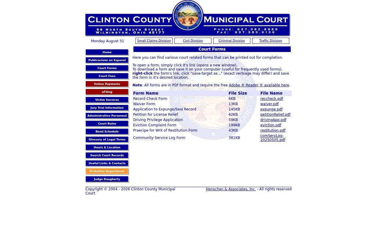 Clinton County traffic ticket Municipal Court forms index