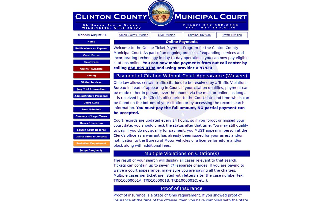 Clinton County traffic ticket official online payment instructions