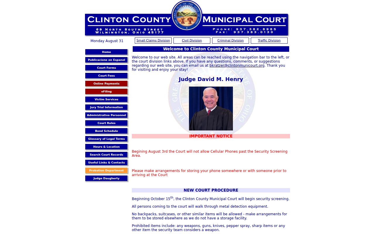 Clinton County Wilmington court docket Municipal Court contact page